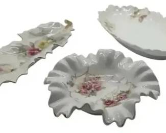 Antique Porcelain Floral Dish Lot 3 Austria Carlsbad German Ruffled Leaf Tray Rose Candy Dish