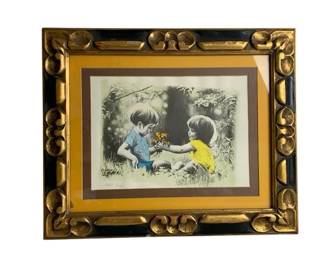 Artist Proof Framed Print – Boy & Girl with Flowers | Decorative Vintage Gold Frame Art