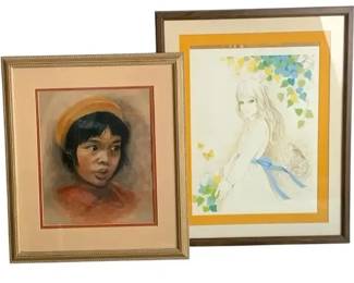 2 Signed Framed Art Prints – Vintage Girl Portraits, Decorative Wall Art Set