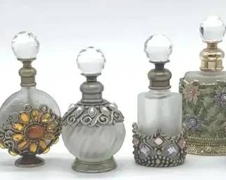 Lot of 6 Decorative Perfume Bottles Frosted Glass Jeweled Filigree Crystal Stoppers
