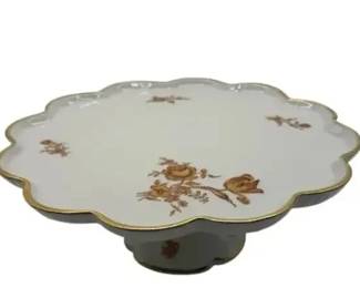 Lenox Autumn Pedestal Cake Plate Compote Gold Trim Floral Scalloped USA Vintage China
