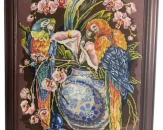 Vintage Framed Needlepoint Parrot Artwork – Tropical Birds, Floral Vase Scene – Large Handmade Wall