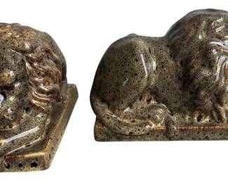 Pair Ceramic Glazed Recumbent Lion Figurines Stone Finish Bookends Sculpture Set of 2 Decor