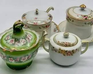Antique Nippon & Bavaria Hand Painted Sugar Bowls Jam Pots Creamer Floral Gold Set
