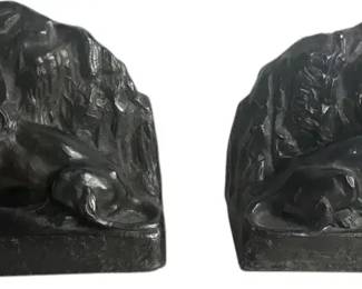 Pair Vintage German Made Cast Metal Spelter Lion Bookends Rocky Base Bronze Tone Set of 2