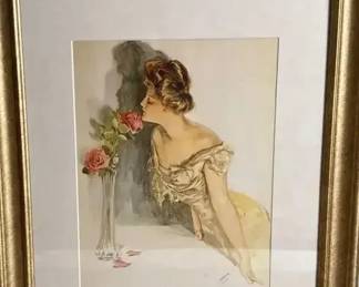 Harrison Fisher Antique Print Edwardian Woman Roses Framed Victorian Portrait Wall Art