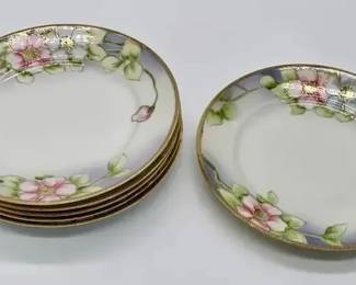 Antique Nippon Hand Painted Plates Set 6 Floral Gold Trim Porcelain Japan Vintage