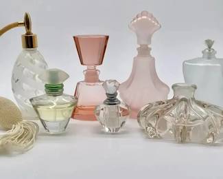 Lot of 7 Vintage Perfume Bottles Incl Atomizer Pink Satin Glass Crystal Vanity Decor
