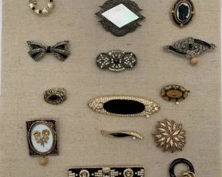Lot 14 Vintage Black Gold Silver Pins Brooches Shadow Box Display Art Deco Cameo Estate