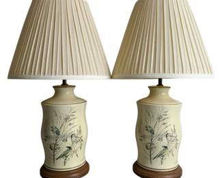 Pair Vintage Bird Motif Table Lamps Edith Holden Style Ceramic Base Pleated Shades
