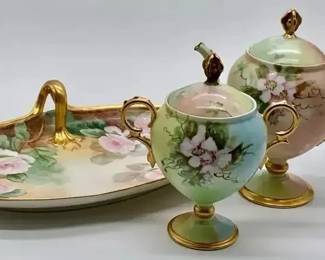 Antique Limoges France Hand Painted Tea Set – Teapot, Sugar Bowl & Tray w/ Gold Gilt Floral Design