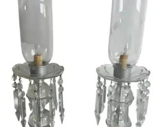 Pair Man Woman Figural Glass Lamps Crystal Prism Electric Accent Lights Etched Hurricane Shades