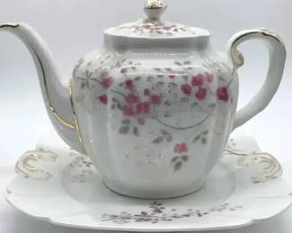 Vintage Floral Porcelain Teapot & Serving Plate Set – Pink Roses Gold Trim Tea Pot w/ Lid