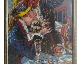 Vintage Framed Needlepoint Woman / Lady w Dog Wine Scene Tapestry Wall Art Decor