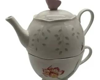 Lenox Butterfly Meadow Stackable Tea Set Teapot Cup Lid Floral Porcelain (3 Pc)