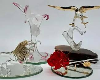 Vintage Glass Figurine Décor Lot Rose (broken Petal), Lion, Eagle, Hummingbird