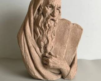 Moses Sculpture Bust Holding Ten Commandments Stone Finish Religious Biblical Decor Statue