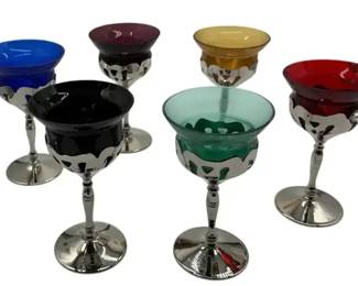 Vintage Colored Cordial Glasses with Silver Stems – Set of 6 Multi-Color Liqueur Cups