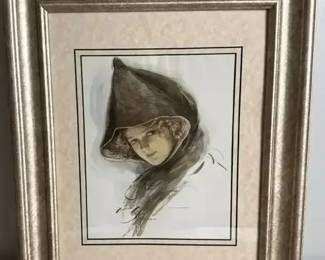 Harrison Fisher "Hooded Girl" 1908 Bobbs-Merrill Antique Print Framed Edwardian Wall Art