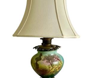 Antique Victorian GWTW Hand Painted Scenic Porcelain Globe Oil Lamp Converted Brass Acanthus