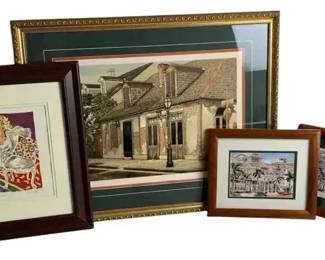 Framed Art Print Lot 4 Architectural Scenes & Signed Color Print Wall Decor Vintage