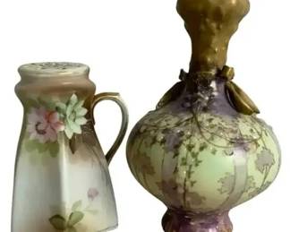 Hand Painted Nippon Shaker & Floral Porcelain Vase Gold Moriage Vintage (2 Pc)