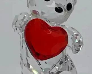 Crystal Teddy Bear Figurine w/ Red Heart on Mirror Base – Swarovski Style Glass Decor