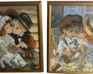 Vintage Framed Needlepoint Art Pair – Children Romantic Scenes Kissing & Teddy Bear Motif