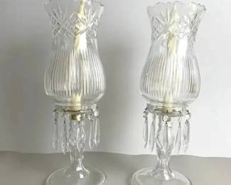 Pair Vintage Cut Crystal Hurricane Candle Holders Prism Drops Brass Bobeche Lustre Set of 2