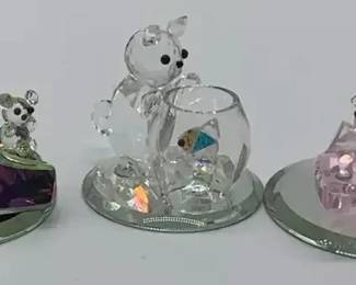 Lot 3 Crystal Miniature Kitty Fishbowl Teddy Bear Pink Heart Aurora Wave Mirror Figurines