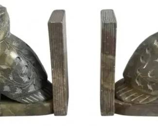 Pair Carved Stone Owl Bookends Marble Alabaster Style Decorative Shelf Decor