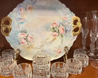 Handpainted cake plate, or cookie tray shown with salt sellers