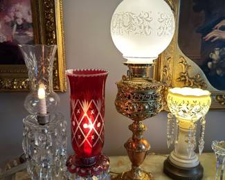 Antique lusters  and oil lamp, each luster has a match