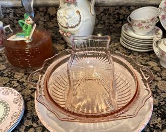 Depression, glass bowl, and saucers