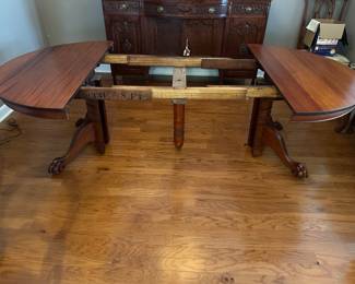 Mahogany dining table with the split pedestal shown and center leg, 98” total length