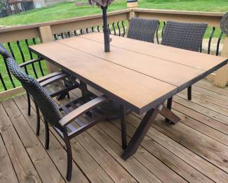 PRESALE - $200 QUALITY LIKE NEW METAL AND WICKER PATIO TABLE AND FOUR CHAIRS PLUS $50 UMBRELLA AND BASE 42X76