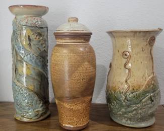PRESALE - TWO END PIECES POTTERY MADE BY ARTIST IN SUN CITY, SC $15 EACH MIDDLE IS $8 WITH LID