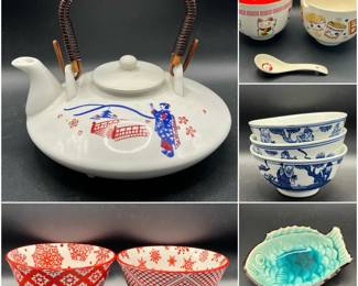 Asian Dishes incl. Japanese Lucky Cat Noodle Bowls