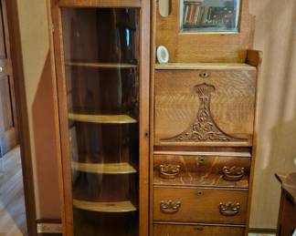 Tiger oak secretary with curio cabinet