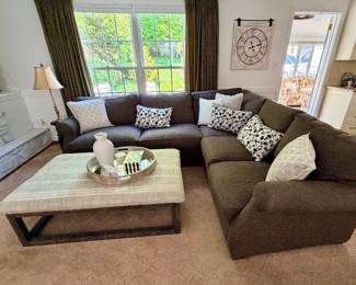 Arhaus Lansbury Grey Three Piece Sectional Sofa; Arhaus Upholstered Ottoman