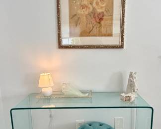 Glass Waterfall Table; Tufted bench