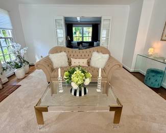 Arhaus Tufted Love Seat; Lucite, Brass and Glass Coffee Table