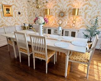 Ballard Designs Extendable Table; 4 Ethan Allen Gustavian Style Dining Chairs; 2 Ethan Allen Gustavian Style Arm Chairs.  