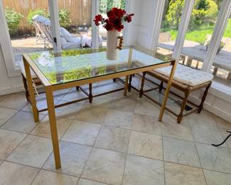 Glass Topped Dining Table; Ballard Designs Rush Seat Benches