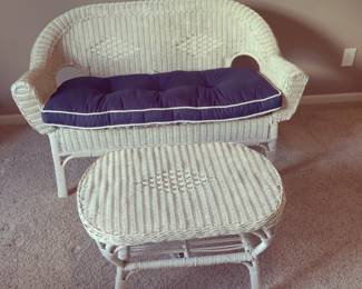 PRESALE - $80 WICKER LOVESEAT WITH CUSHION, $35 WICKER COFFEE TABLE