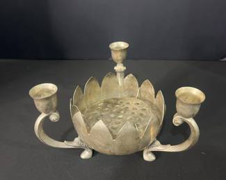 SilverPlated Lotus Flower Frog with Candlestick Holders