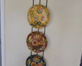 Wrought Iron Wall Hanger with Three HandPainted Floral Plates