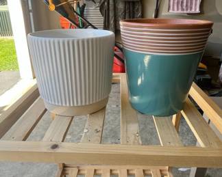 Set of Two Ceramic Planters Ribbed White and Teal Striped