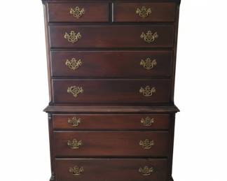 Vintage Mahogany Chippendale Style Highboy Dresser with Brass Hardware