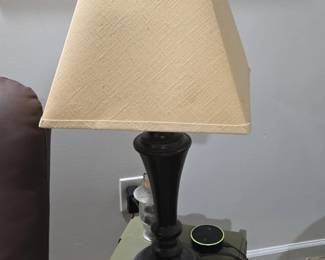 Traditional Dark Wood Table Lamp with Beige Fabric Shade